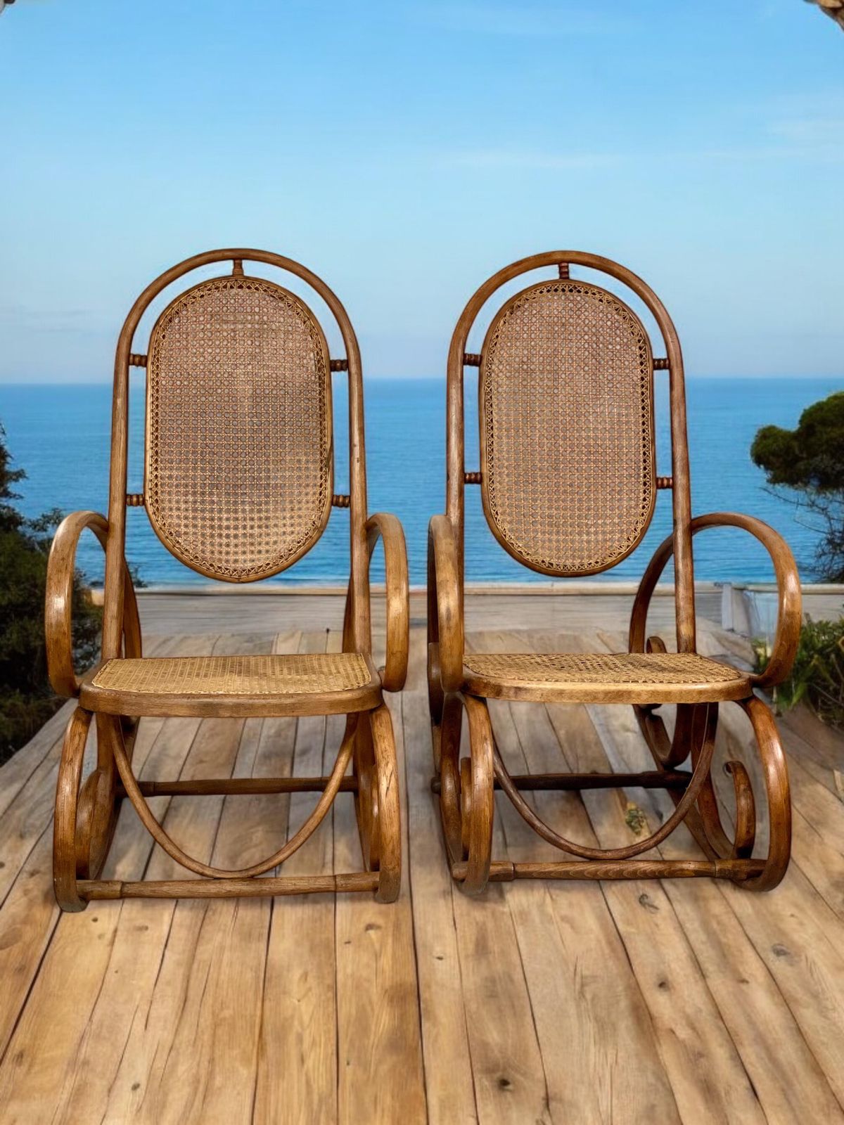 photo buy 19th Century Rare Pair Of Beechwood And Cane Rocking Chairs