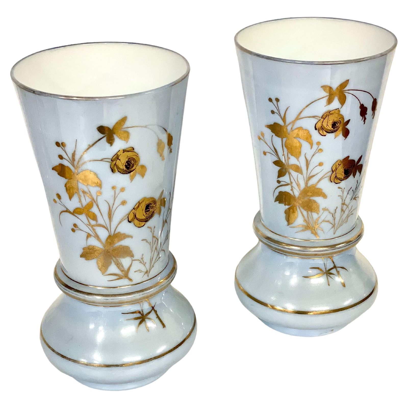 Pair Of Large Gilt And Pale Blue Opaline Vases, Napoleon III Period