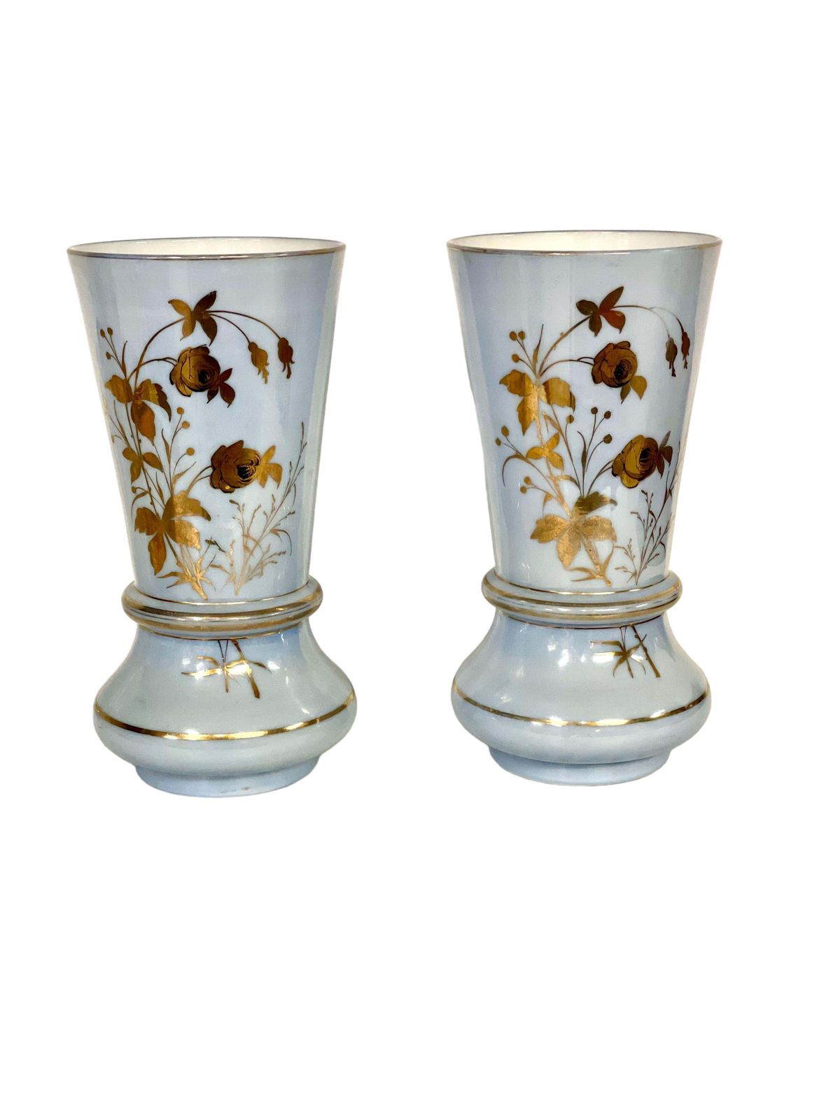 Pair Of Large Gilt And Pale Blue Opaline Vases, Napoleon III Period photo buy