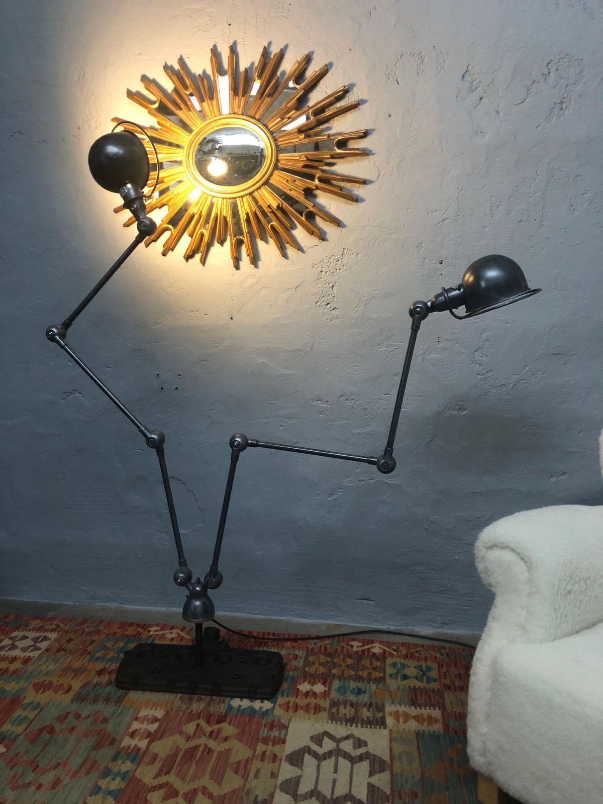Vintage Jielde Double Armed Industrial Floor Lamp Mounted On To A V8 Flathead photo for sale