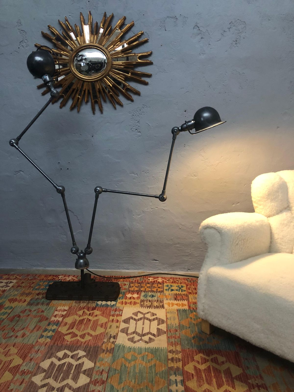 Vintage Jielde Double Armed Industrial Floor Lamp Mounted On To A V8 Flathead photo vinterior