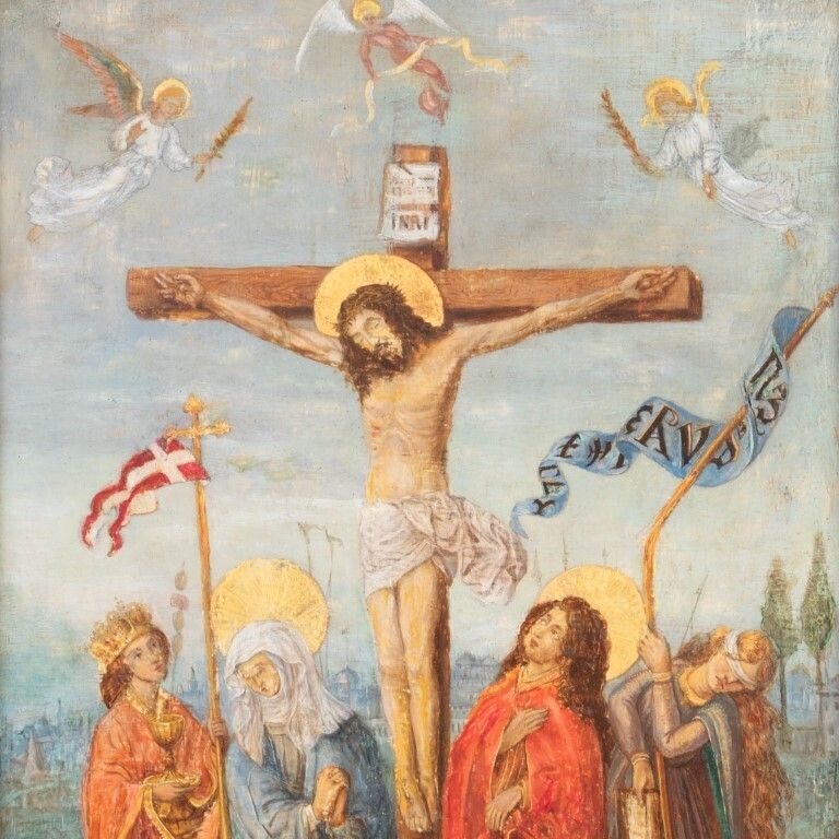 Flemish School 17th Century Crucifixion Oil Painting On Panel photo for sale