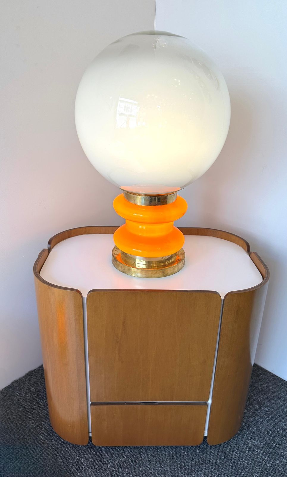 Contemporary Pair Of Brass And Orange Murano Glass Bulbs Lamps, Italy photo for sale