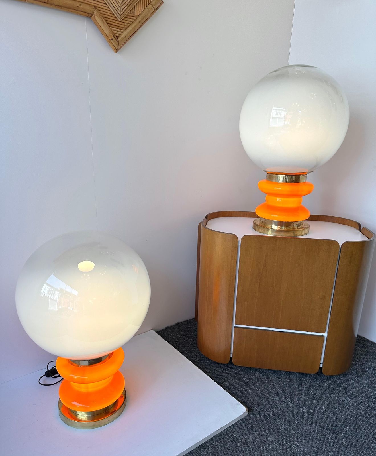 Contemporary Pair Of Brass And Orange Murano Glass Bulbs Lamps, Italy photo Lighting