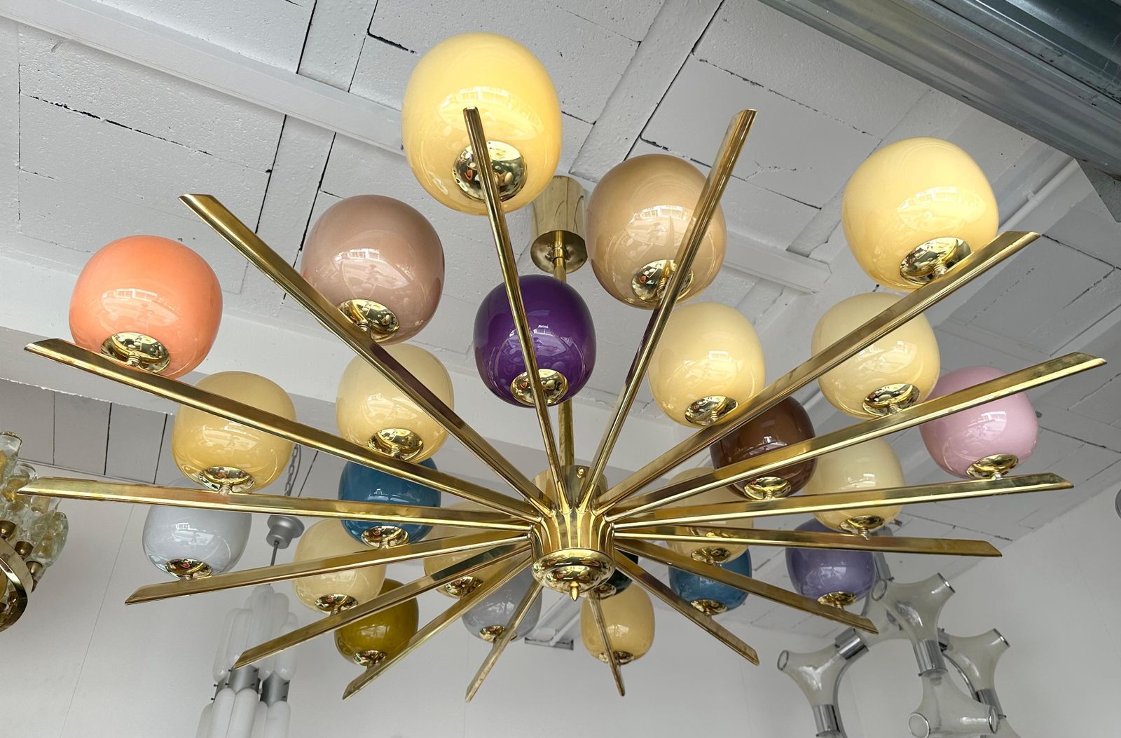 Large Contemporary Candy Chandelier Brass And Murano Glass , Italy photo vintage