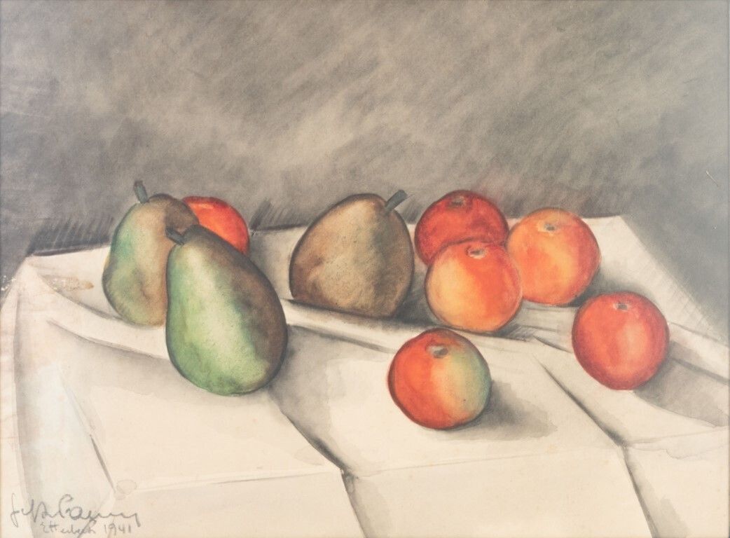 Apples & Pears Still Life Watercolour Painting In Manner Of Cezanne