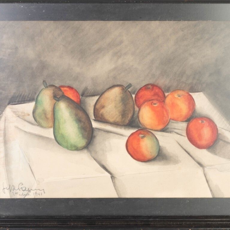 Apples & Pears Still Life Watercolour Painting In Manner Of Cezanne photo furniture