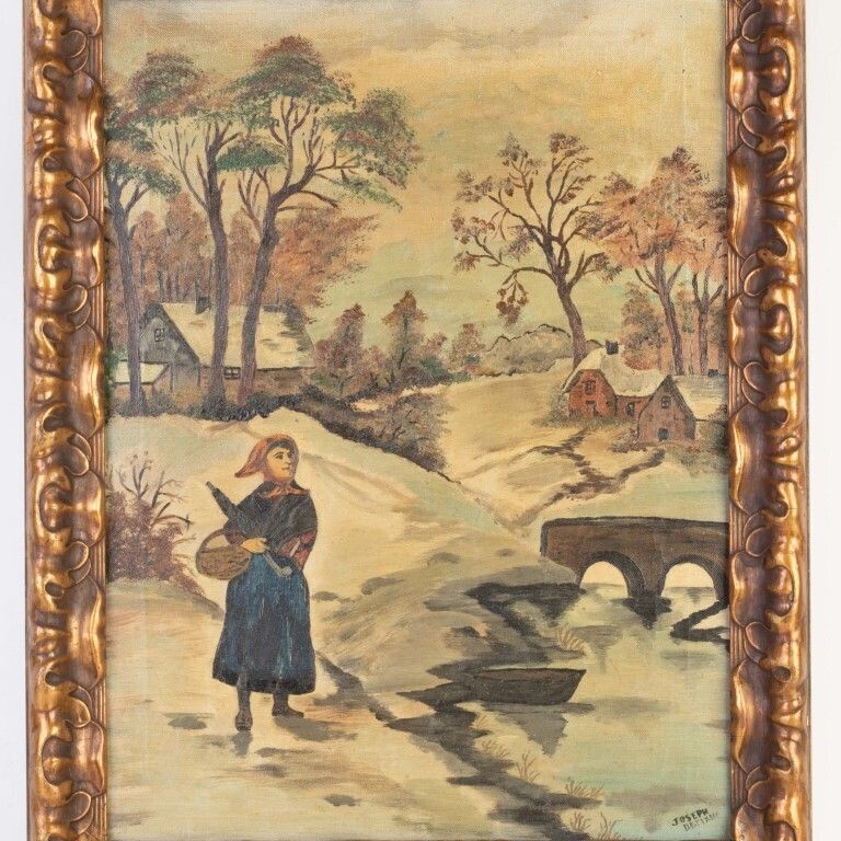 Figure In A Winter Snow Landscape Oil Painting On Canvas Signed photo furniture