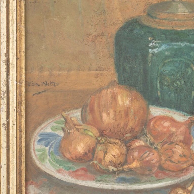 Dutch Onions & Ginger Jar Still Life Oil Painting On Panel photo for sale