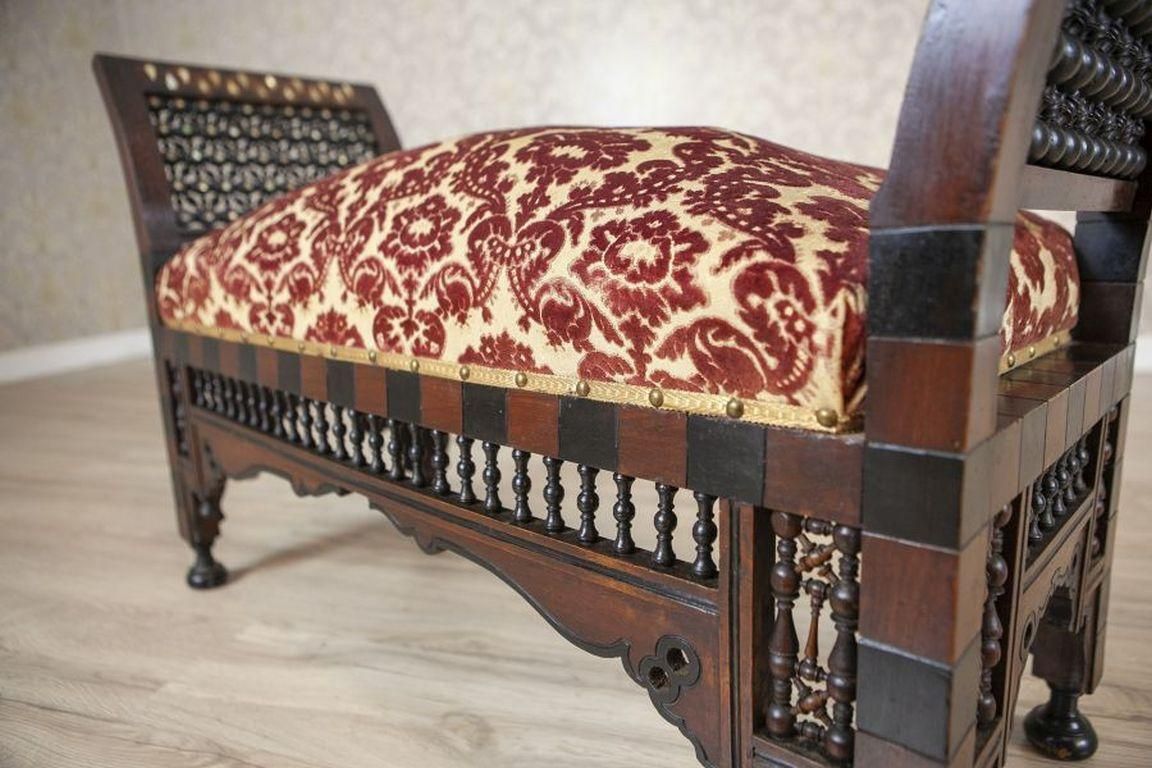 Antique 19th Century Bench Made Of Exotic Wood In Dark Brown, Upholstered photo buy