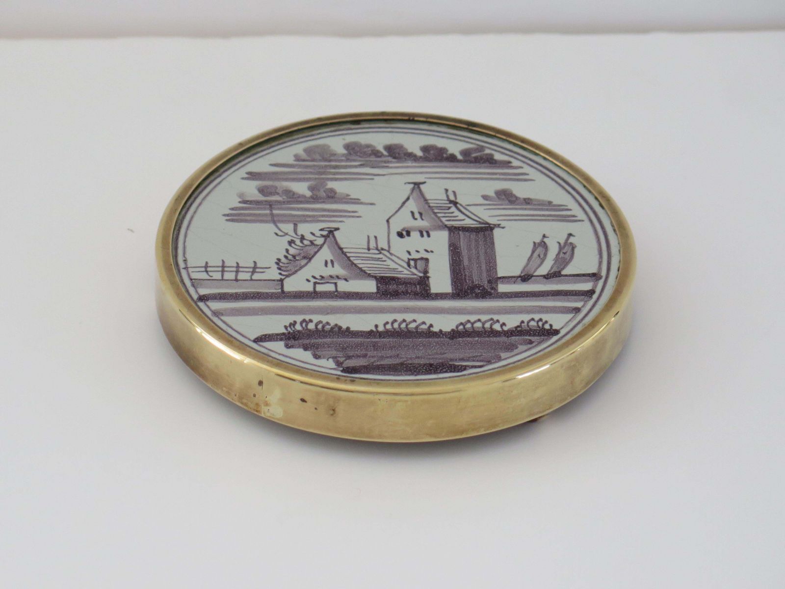 Antique 18th C Delft Manganese Tile Stand In Brass Frame With Bun Feet, Ca 1760 photo 260.0