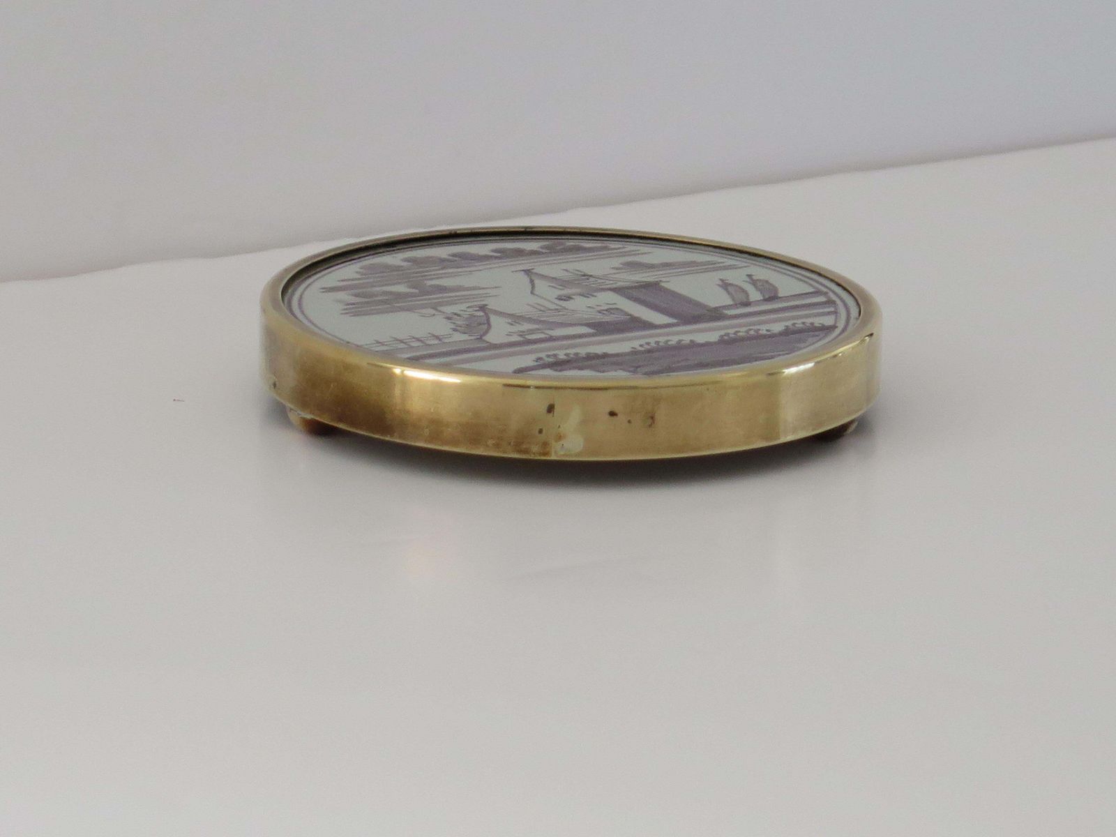 Antique 18th C Delft Manganese Tile Stand In Brass Frame With Bun Feet, Ca 1760 photo vinterior
