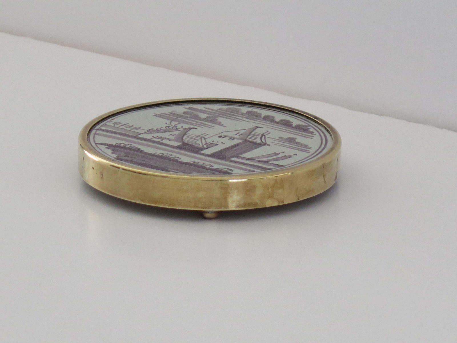 photo for sale Antique 18th C Delft Manganese Tile Stand In Brass Frame With Bun Feet, Ca 1760