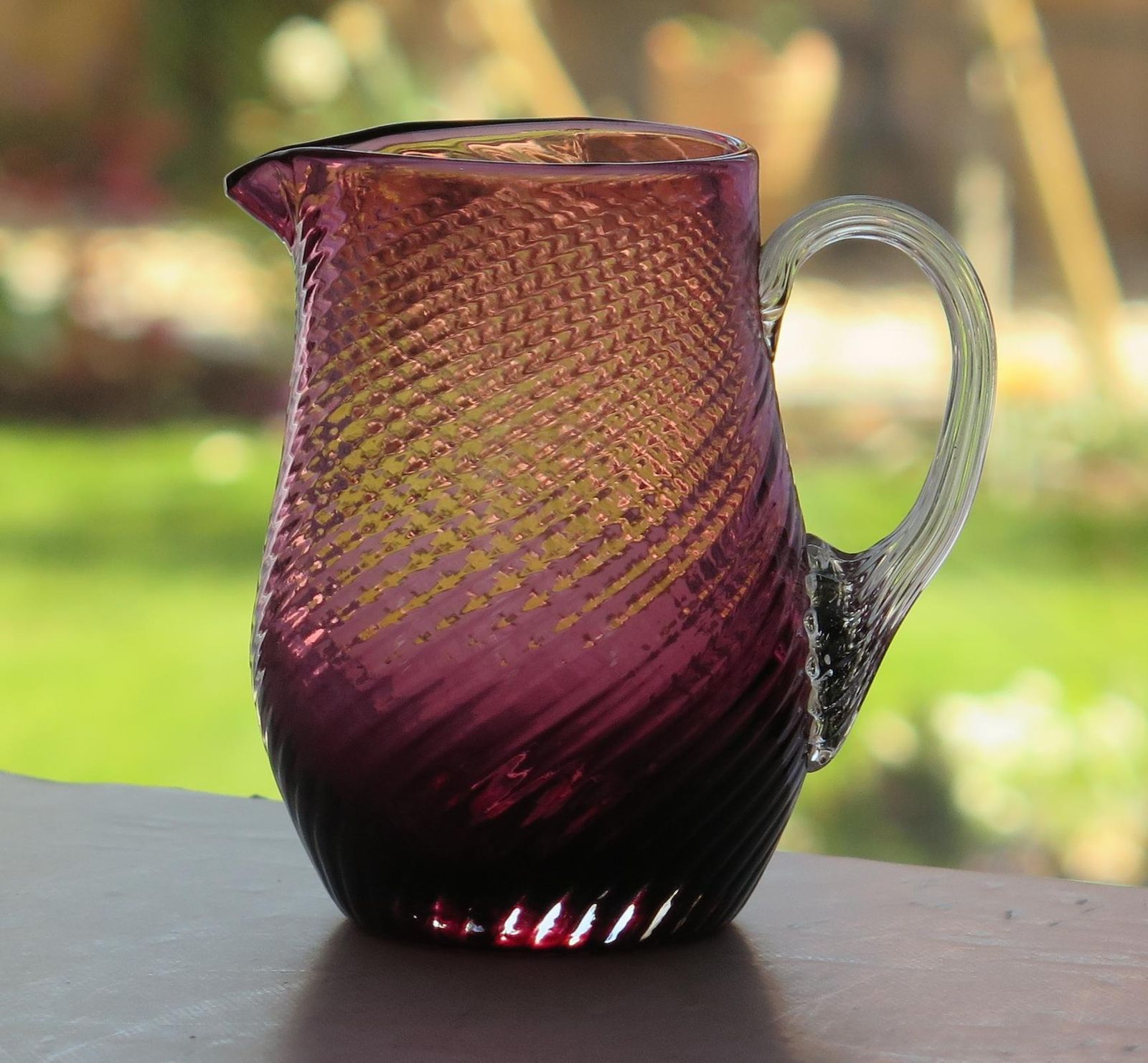 Victorian Cranberry Glass Cream Jug Wrythen Moulded Detail, English Circa 1870 photo for sale