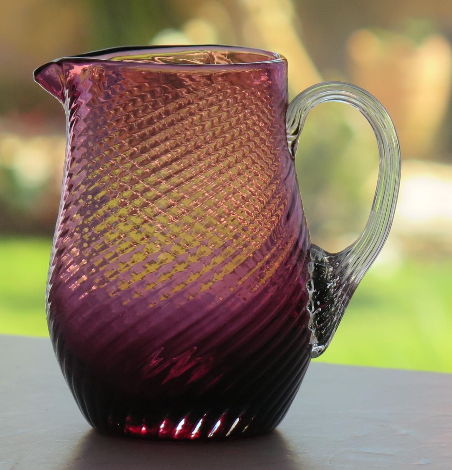 photo buy Victorian Cranberry Glass Cream Jug Wrythen Moulded Detail, English Circa 1870