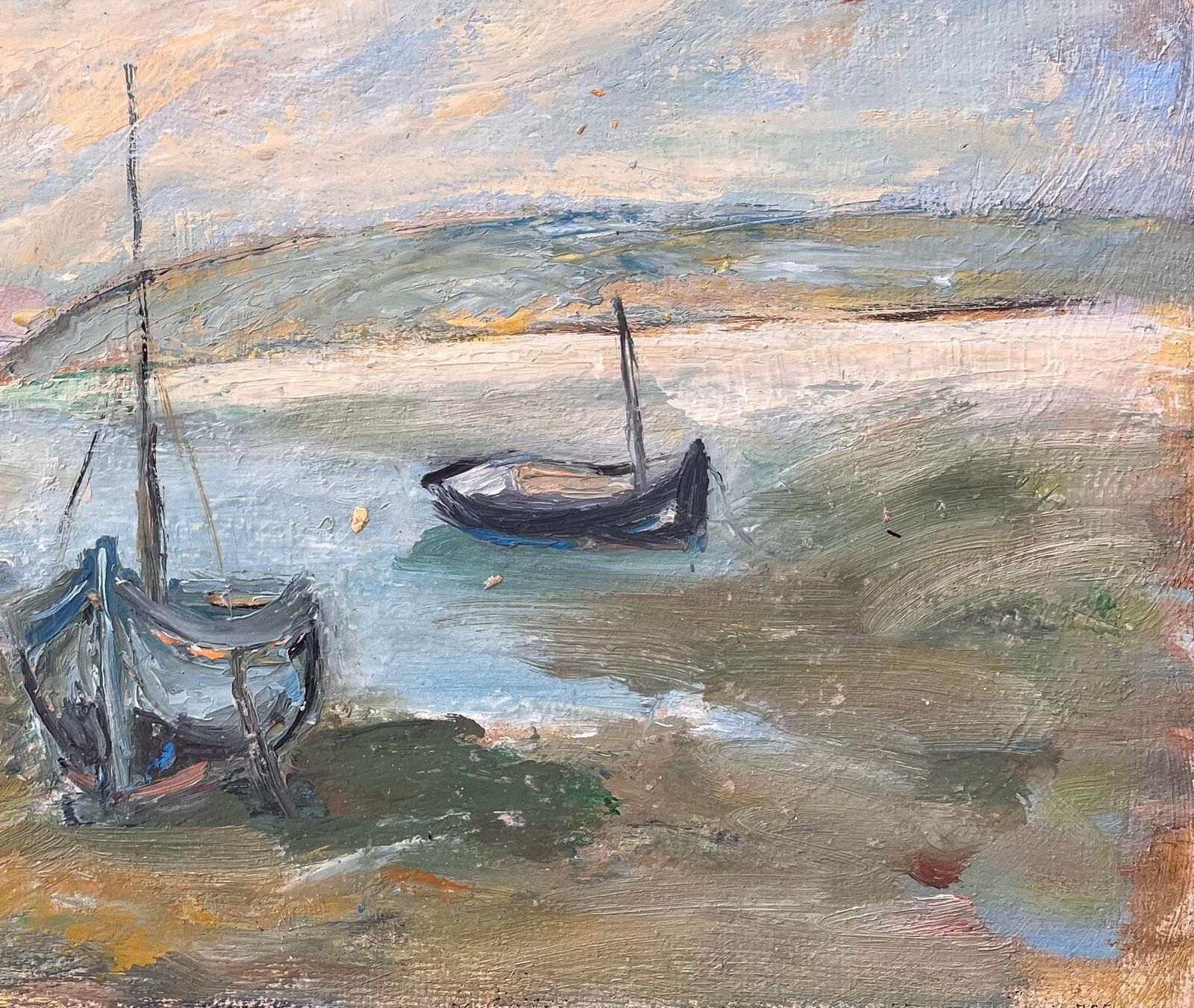 French Impressionist Painting Of Moored Boats And Coastal Riverbank photo 585.0