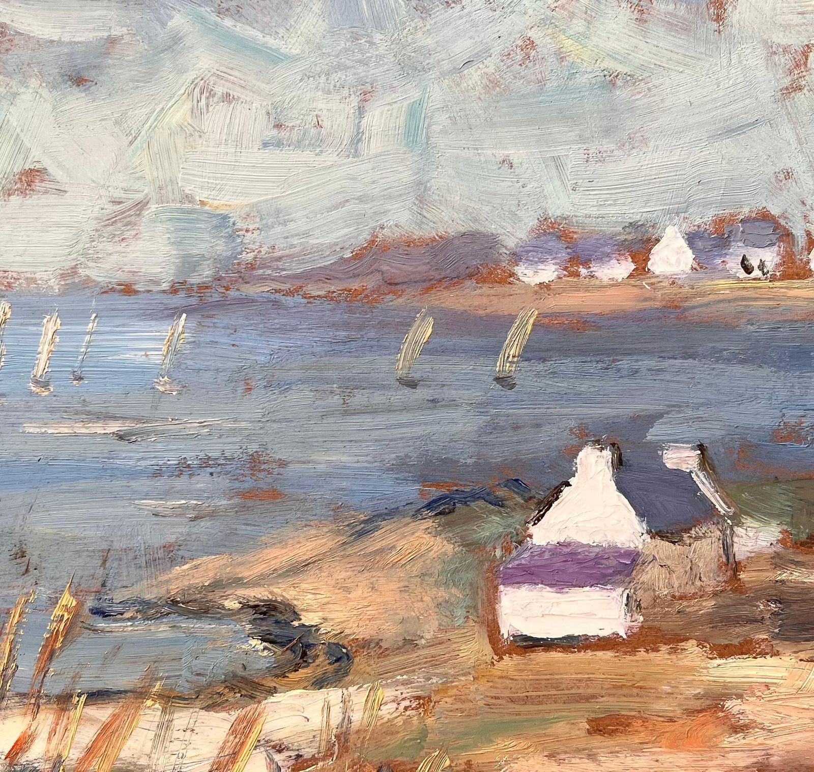 Post Impressionist French Coastal Landscape With Sailboats And Cottages photo buy
