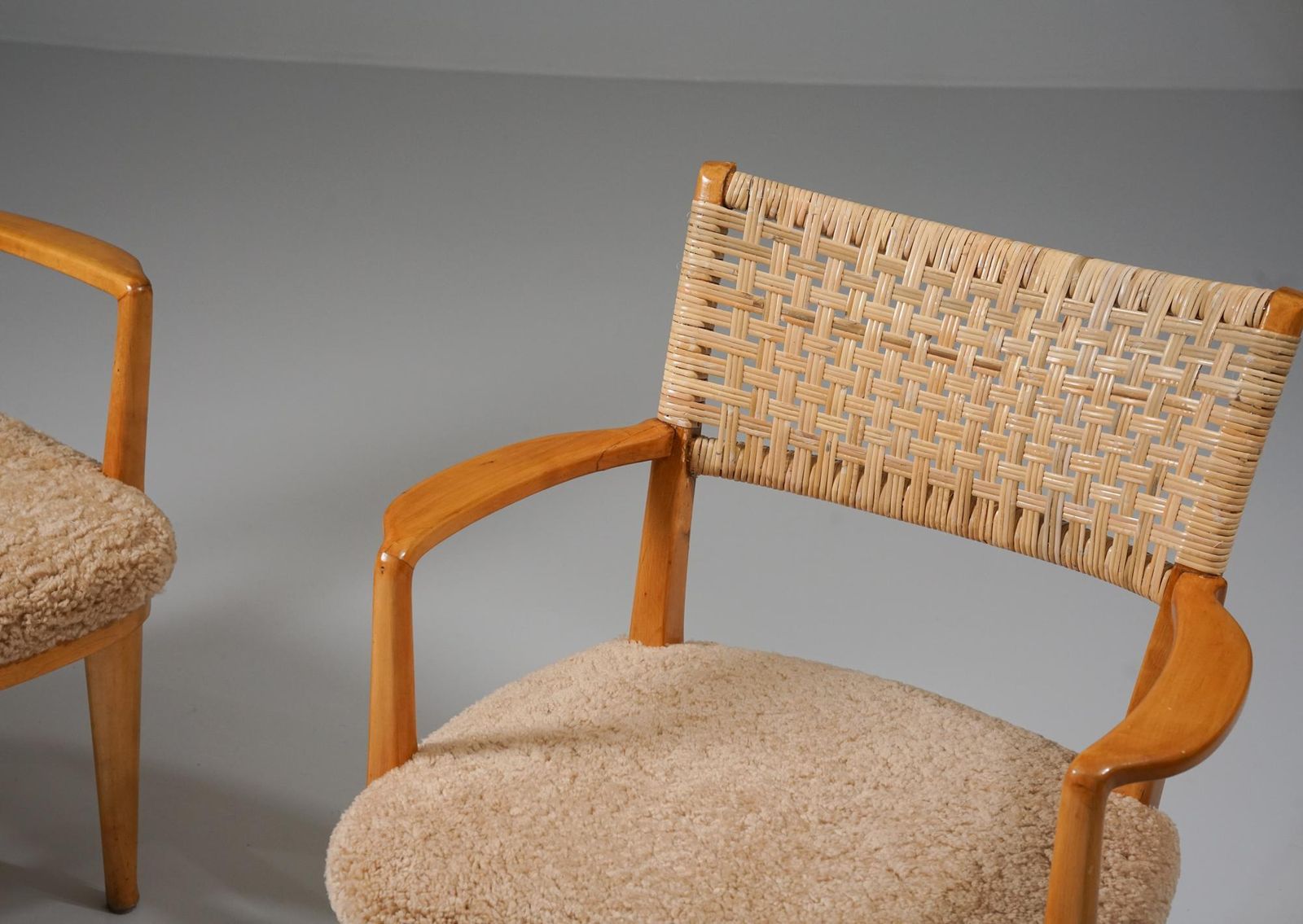 Set Of Two Rare Chairs In Shearling And Birch, Arttu Brummer, Finland, 1940s photo for sale