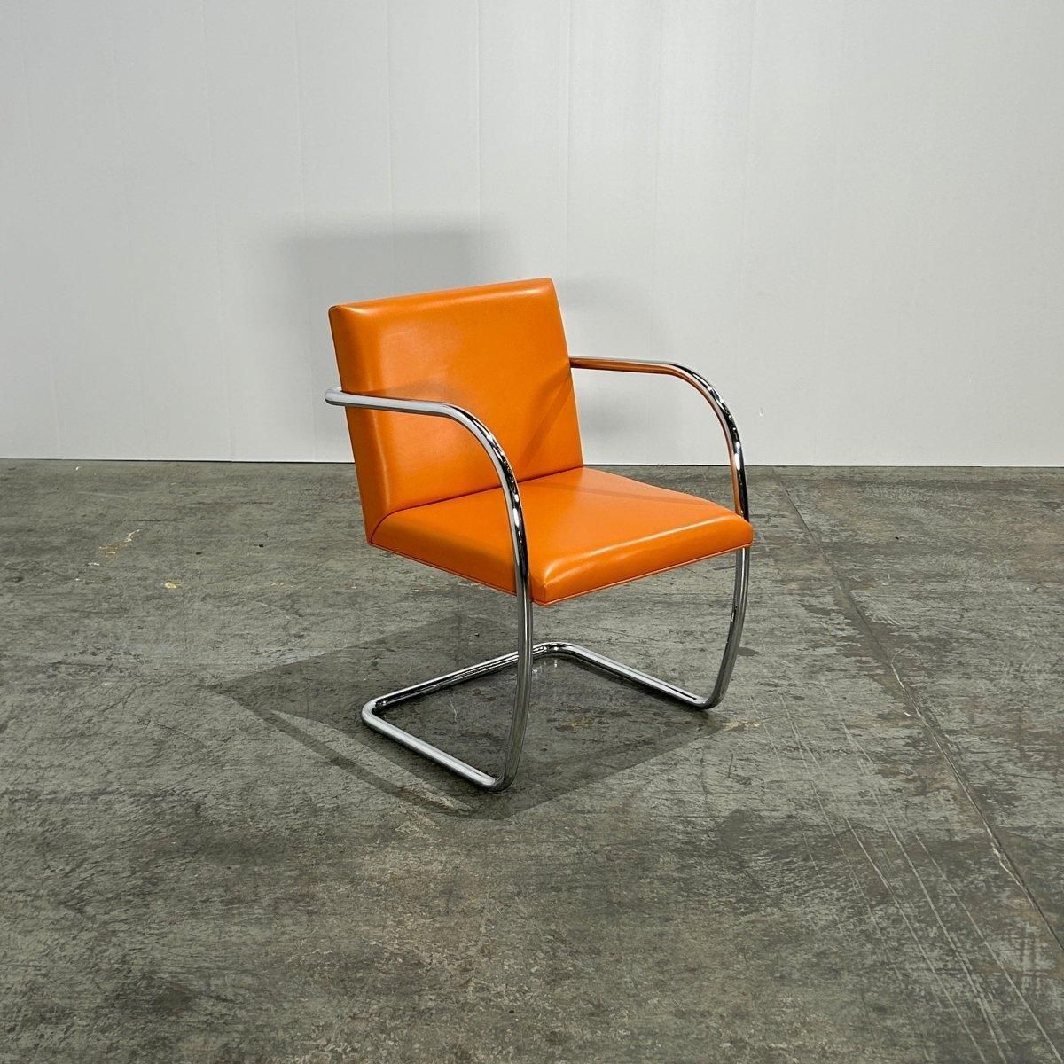 Knoll Brno Tubular Tan Orange Leather Chair By Ludwig Mies Van Der Rohe, Set (6) photo for sale