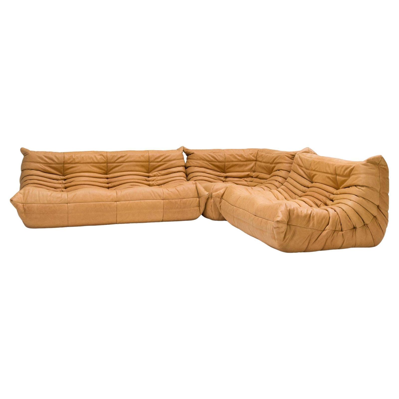 Ligne Roset By Michel Ducaroy Camel Brown Leather Togo, Set Of Three
