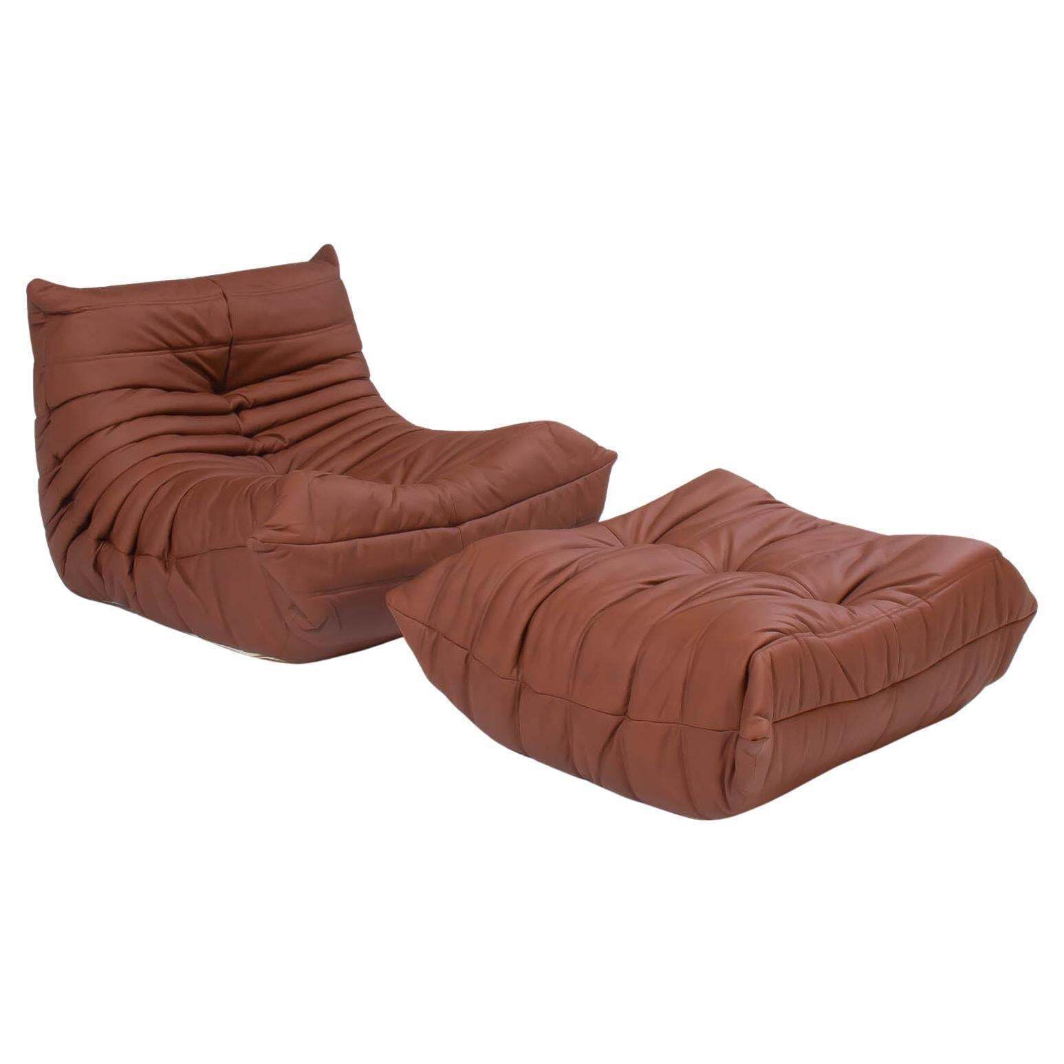 Ligne Roset By Michel Ducaroy Brown Leather Togo, Set Of Two