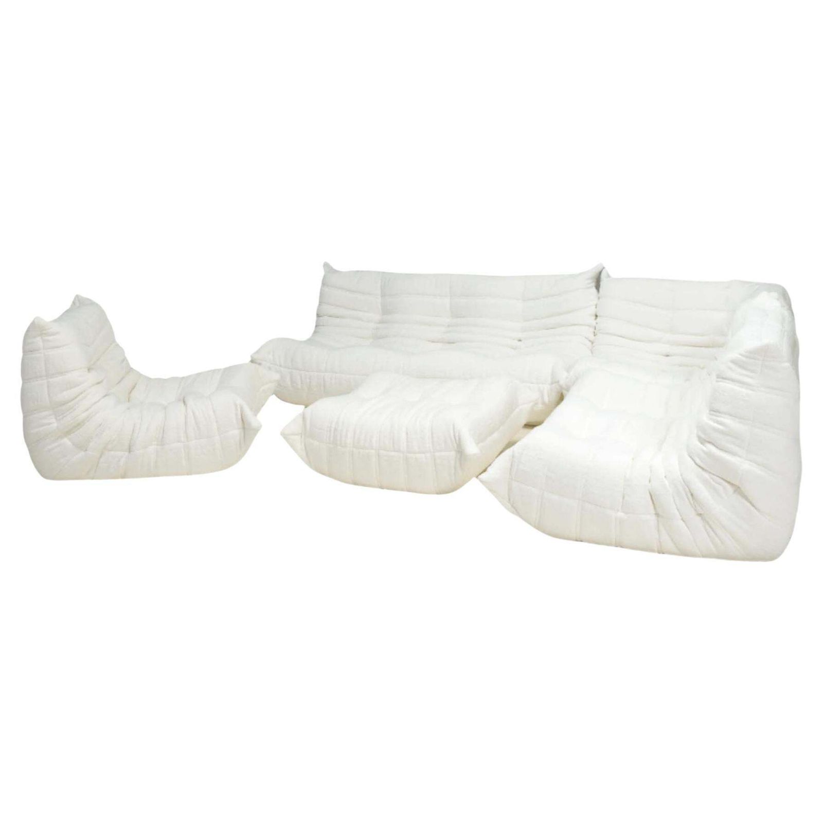 Ligne Roset By Michel Ducaroy White Bouclé Togo Sofa And Footstool, Set Of Five