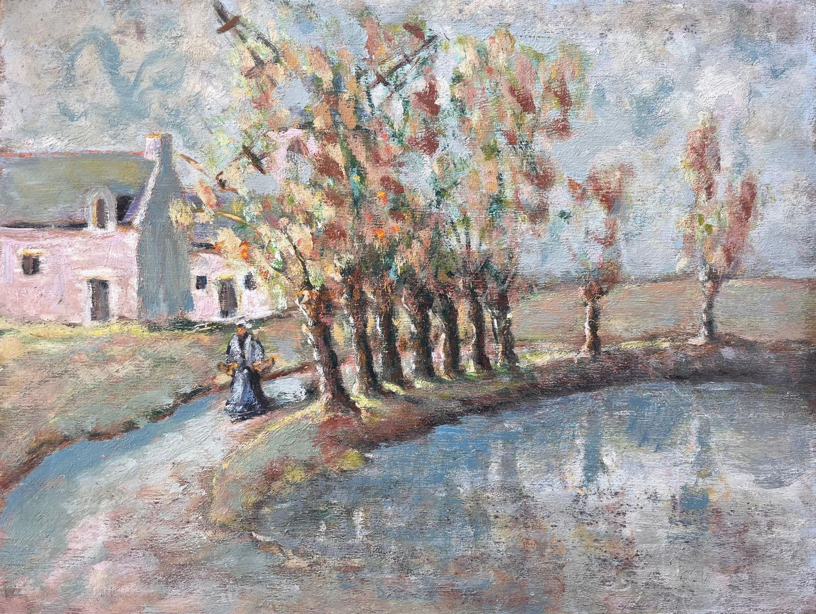 French Countryside Painting Of Tree Lined Pond And Village Path With Figure