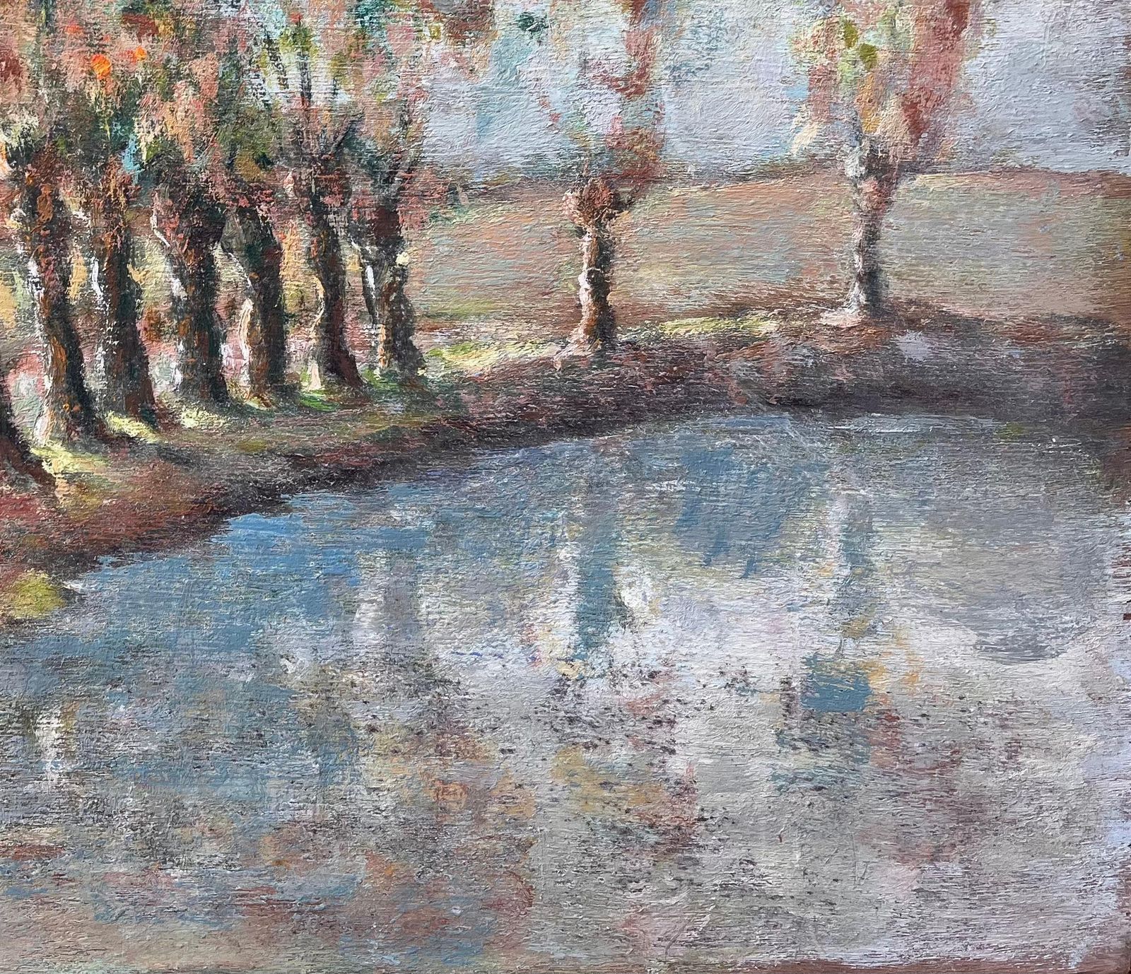 French Countryside Painting Of Tree Lined Pond And Village Path With Figure photo vinterior