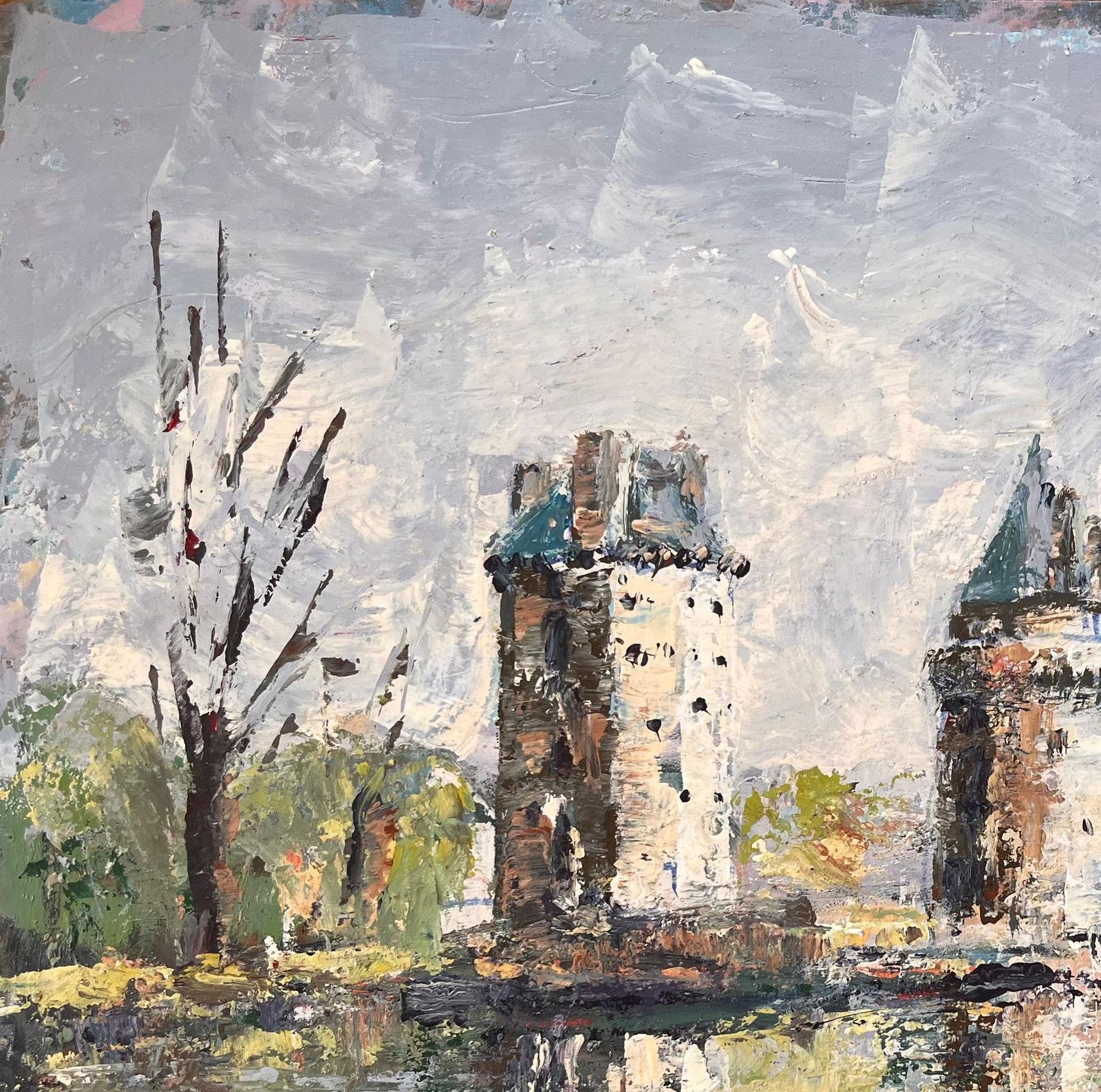 Fanch Lel French Impressionist Oil Of Twin Turrets And Trees Reflected In River Scene photo for sale