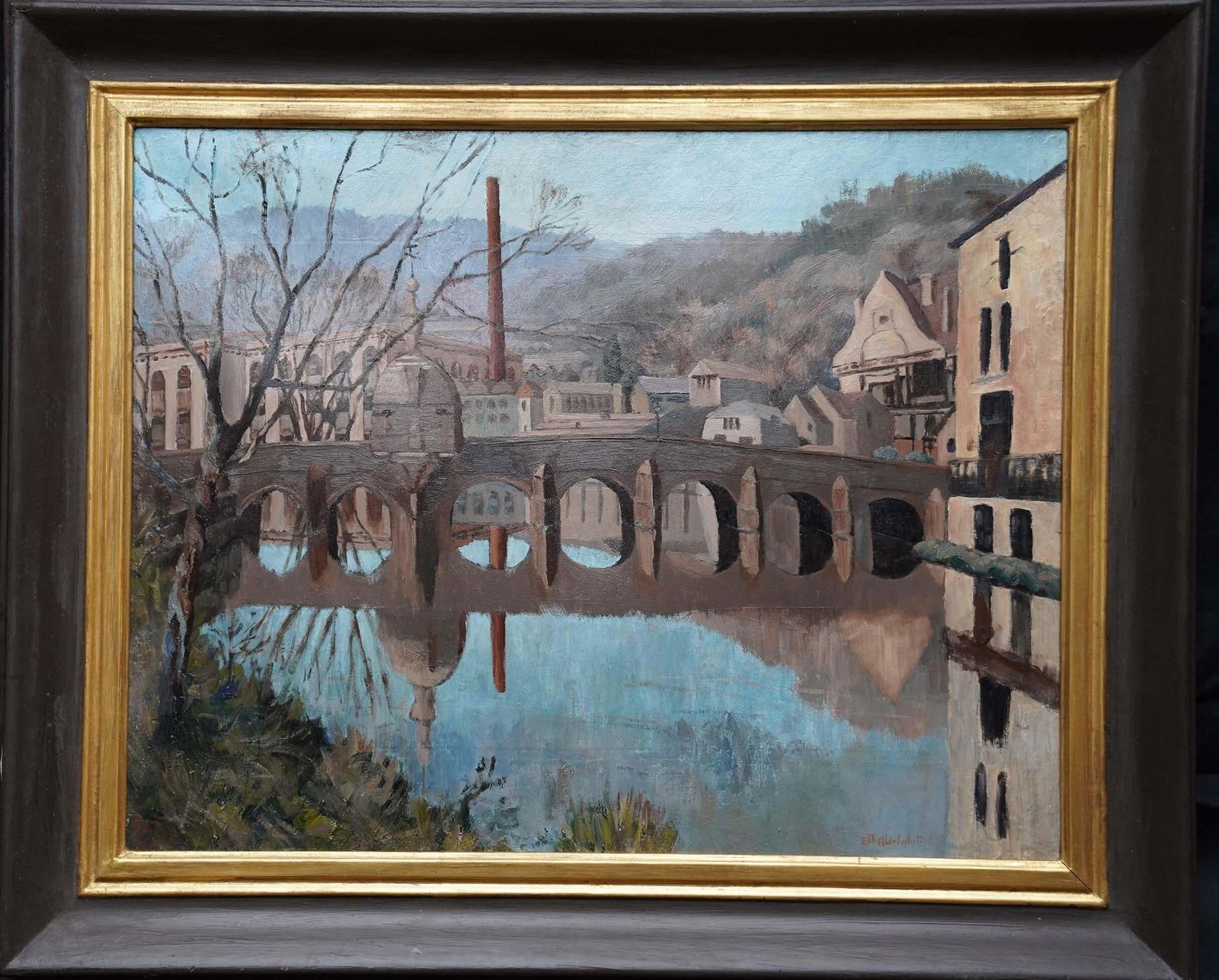 Art Ethelbert Whitebradford On Avon Bridge Landscape   British Post Impressionist Town Oil Paintingcirca 1940 photo