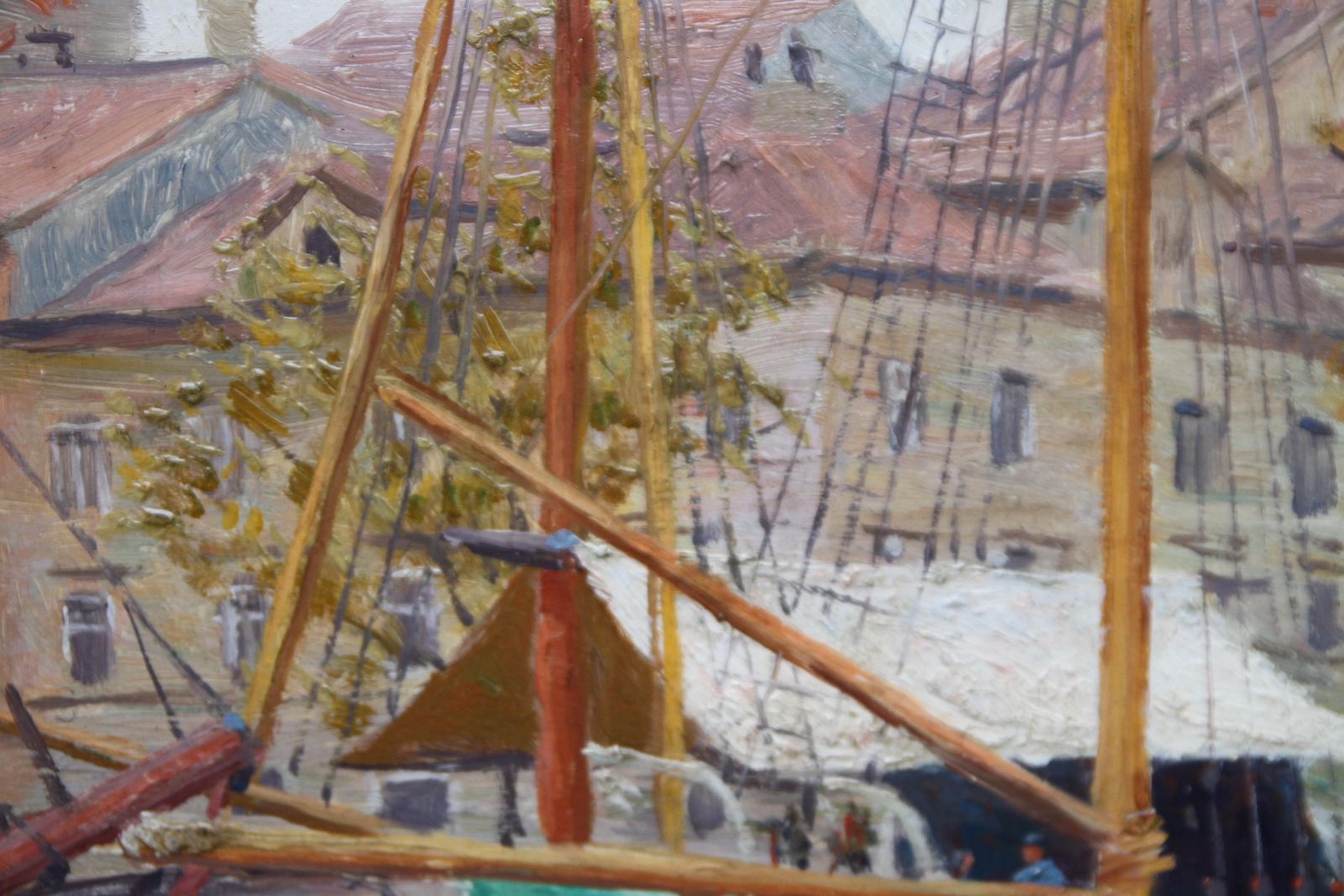 Roland Strasser  Harbour Scene Jakarta   Marine Art Oil Painting 1920 Indonesia Bugis Boatscirca 1920 photo vinterior