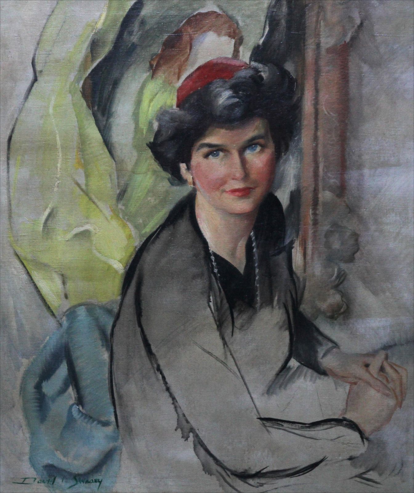 David L Swaseyportrait Of Woman In Red Hat   American 50s Art Post Impressionist Oil Paintingcirca 1953 photo furniture