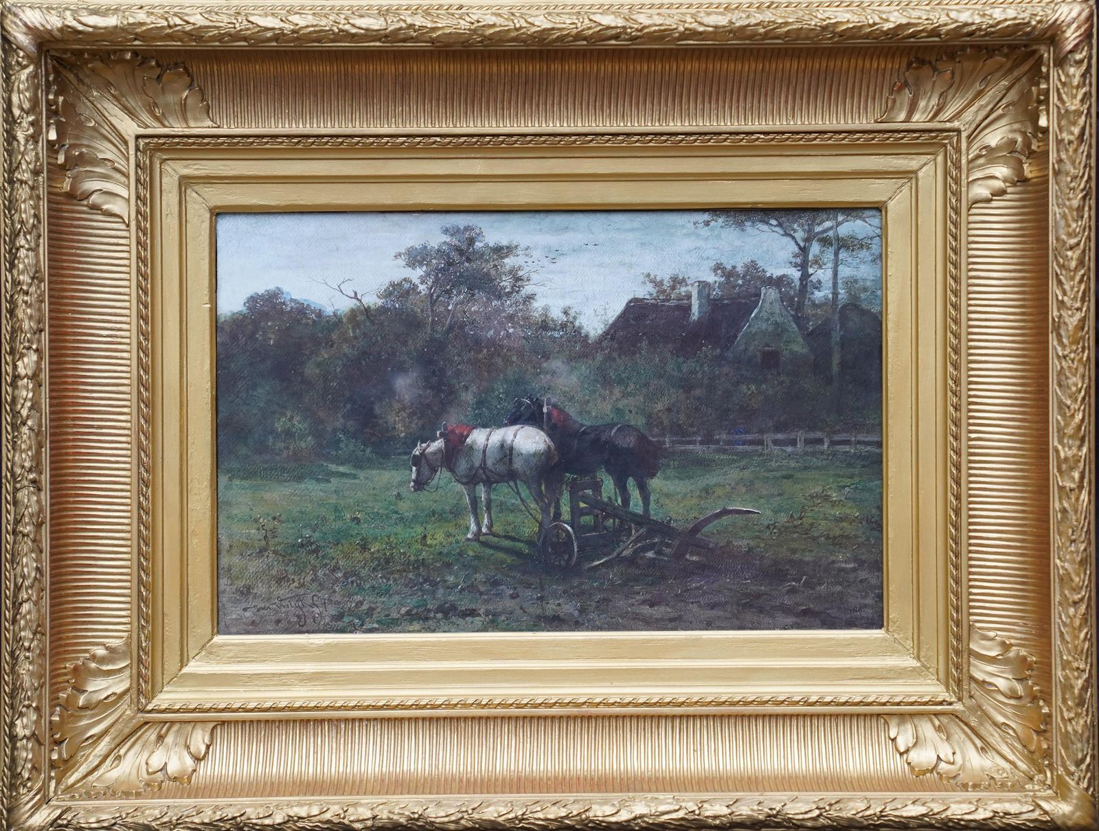 2448.0 Johannes Martinus Vrolykworking Horses In A Landscape   Dutch Victorian Animal Art Equine W/C Painting1875 photo