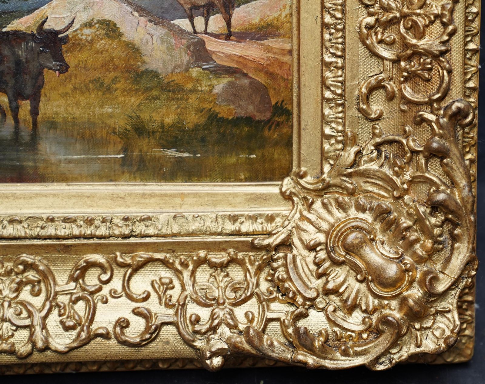 Cattle Watering In A Landscape   British 19th Century Art Victorian Oil Paintingcirca 1855 photo vintage