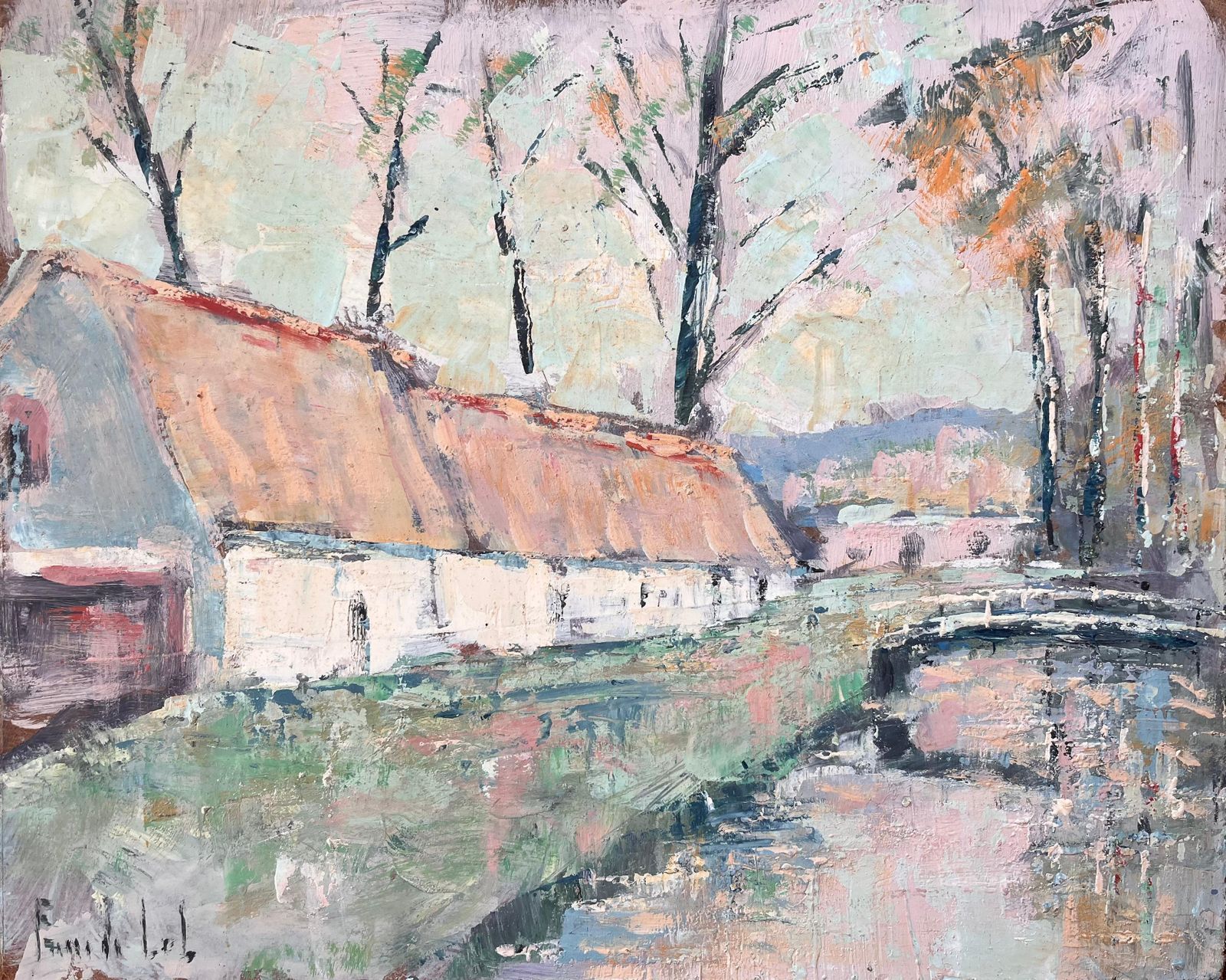 French Impressionist Oil Of Thatched Farmhouse With River And Bridge