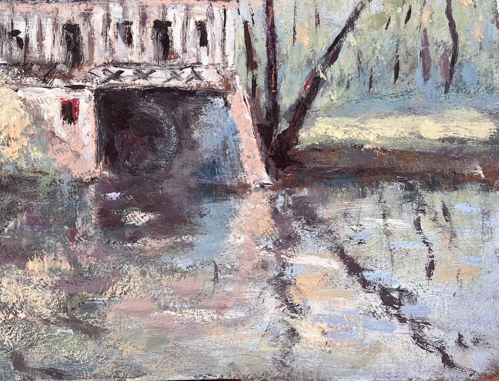 Fanch Lel French Impressionist Oil Of Riverside Mill House With Trees And Reflections photo for sale