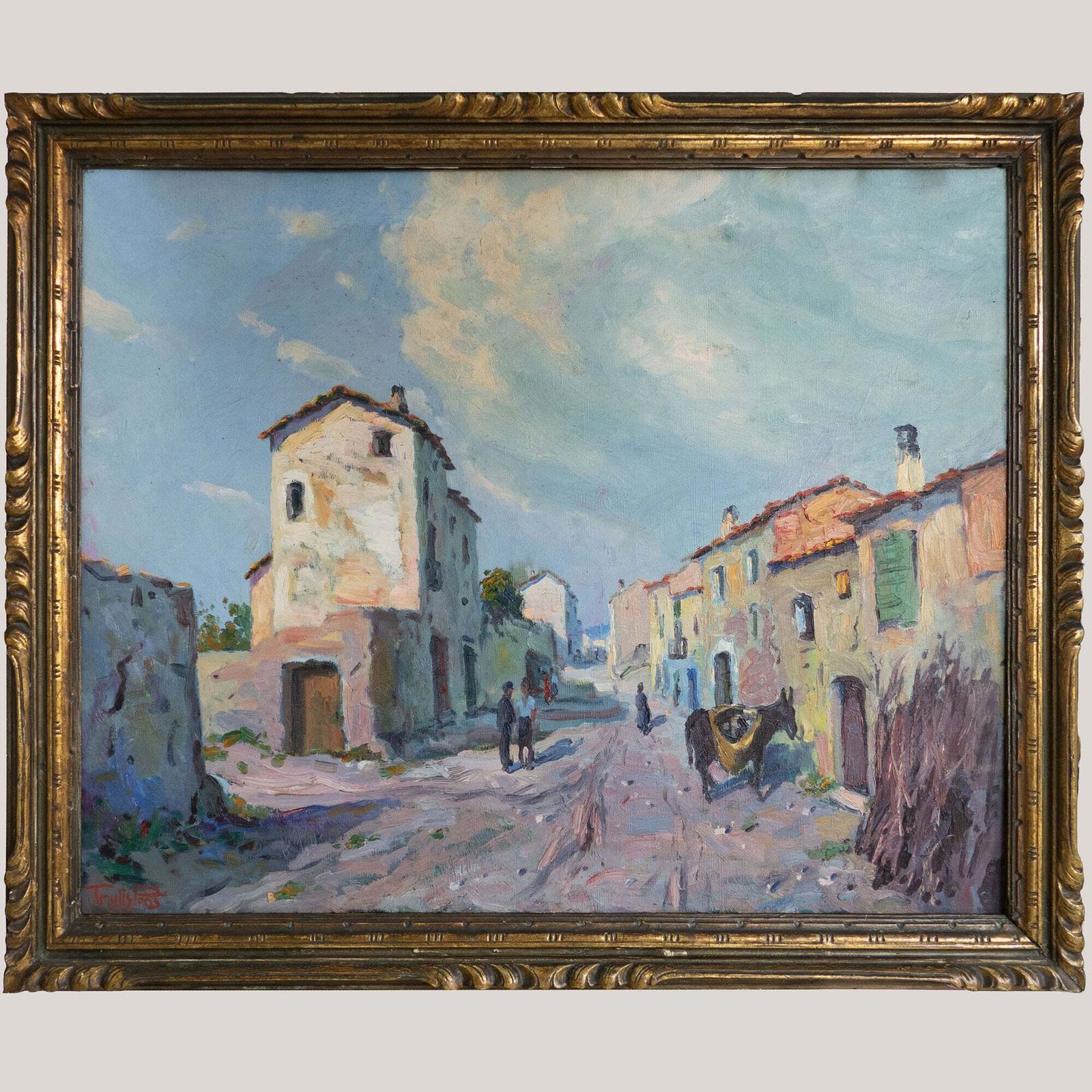 Caserras Village Street Scene – Impressionistisch Olieverfschilderij Van Ramon Trulls Pons photo for sale