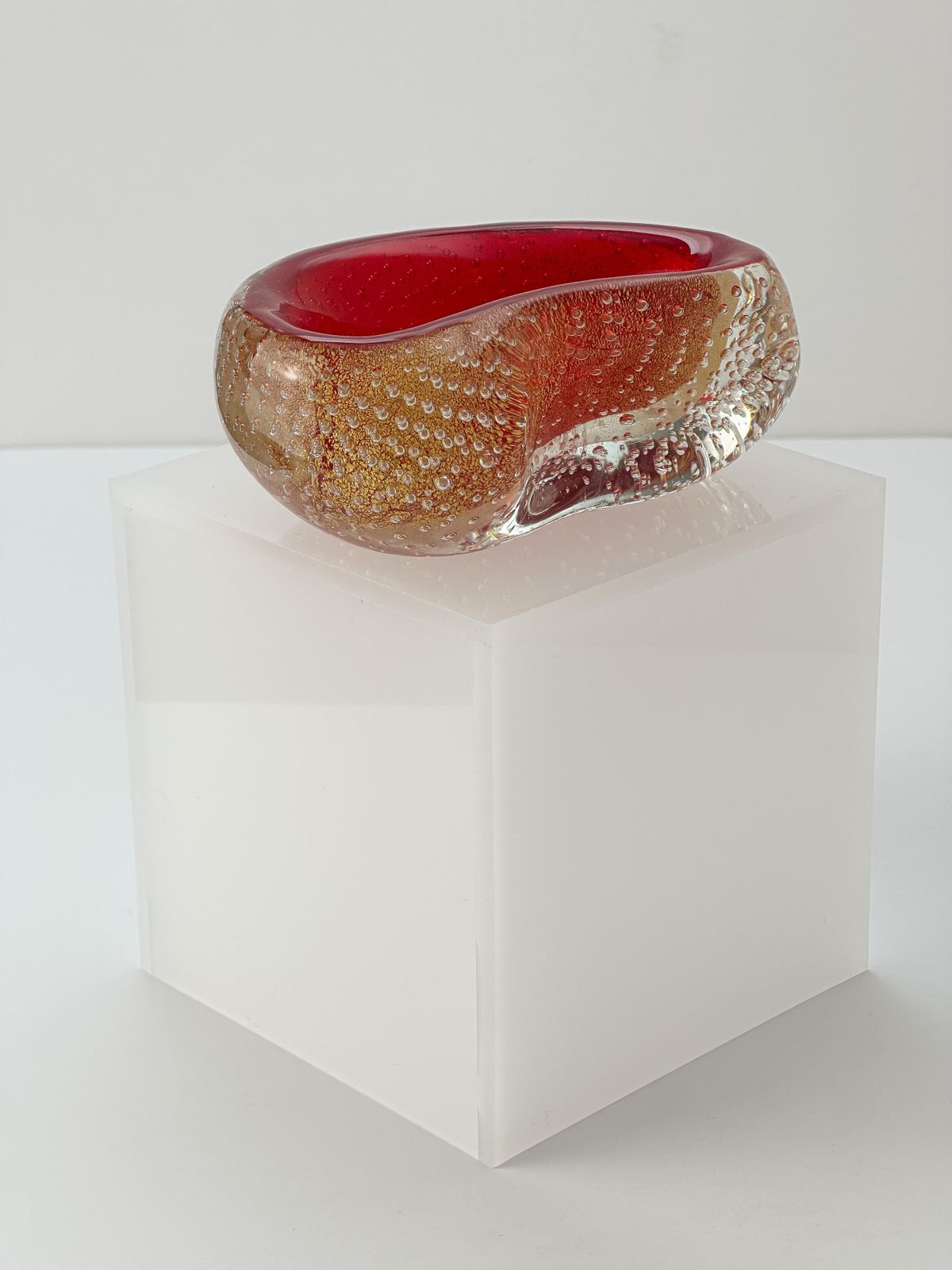 Archimede Seguso, Murano Glass Bowl, Red Sommerso, Gold Inclusion C.1950s Italy photo vintage