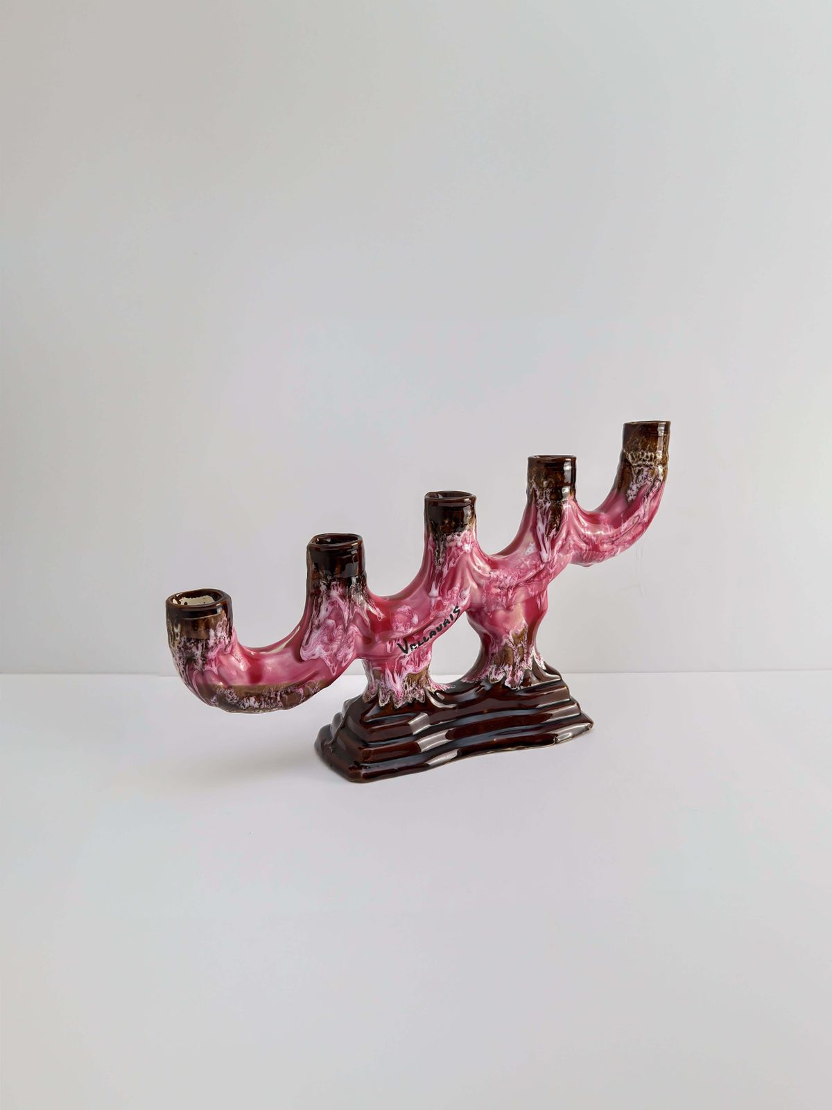 Vallauris, Vintage Candelabra, Pink Brown Glaze Ceramic, C.1960s France photo vinterior