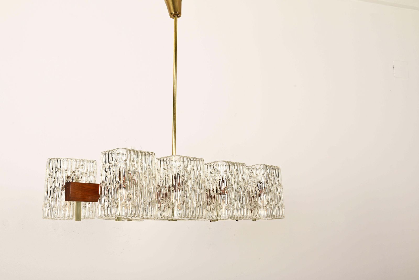 photo furniture Austrian Walnut/Brass Chandelier With Pressed Glass Shades By Rupert Nikoll