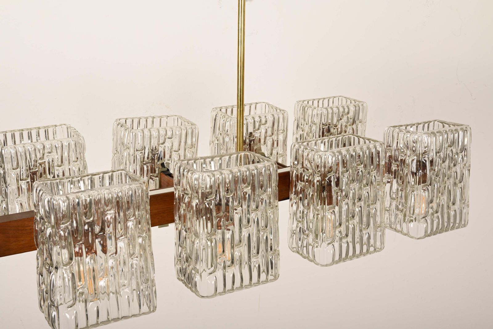 photo for sale Austrian Walnut/Brass Chandelier With Pressed Glass Shades By Rupert Nikoll