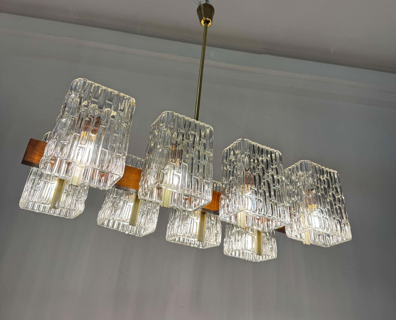 photo vinterior Austrian Walnut/Brass Chandelier With Pressed Glass Shades By Rupert Nikoll