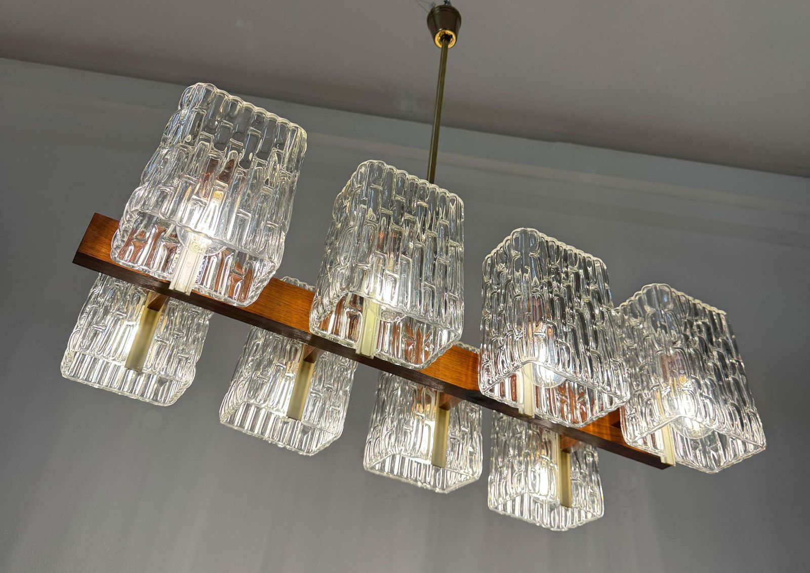 photo buy Austrian Walnut/Brass Chandelier With Pressed Glass Shades By Rupert Nikoll
