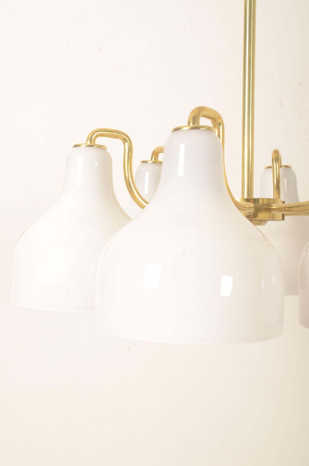photo for sale Vilhelm Lauritzen Brass And Opaline Glass Chandelier