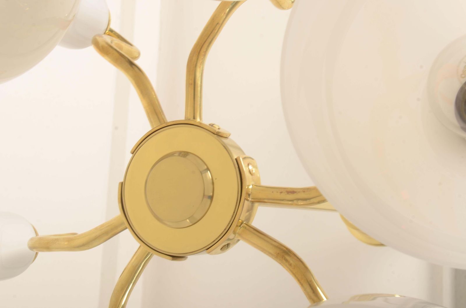 photo vinterior Vilhelm Lauritzen Brass And Opaline Glass Chandelier