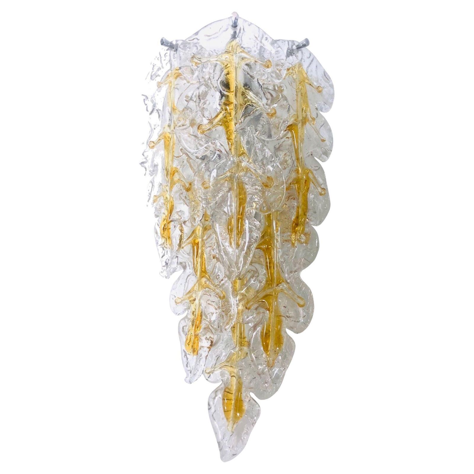 Italian Lomg Midcentury Amber Murano Glass Leaf Wall Sconce By Mazzega, 1970s