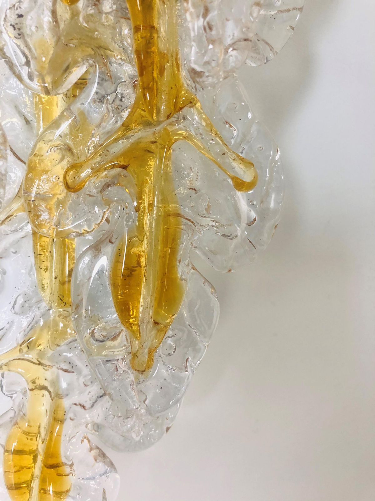 Italian Lomg Midcentury Amber Murano Glass Leaf Wall Sconce By Mazzega, 1970s photo vinterior