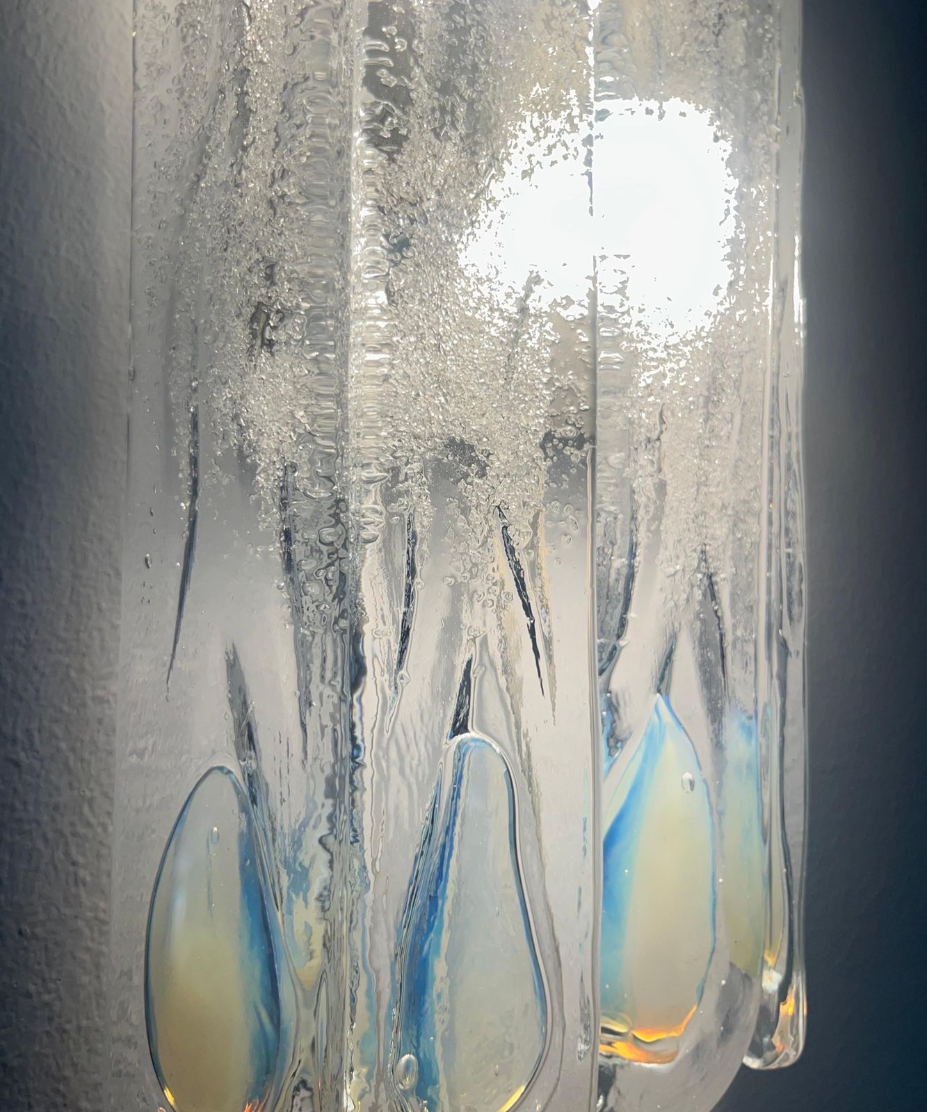 photo for sale Pair Of Midcentury Italian Iridescent Murano Wall Sconces By Mazzega, 1970s