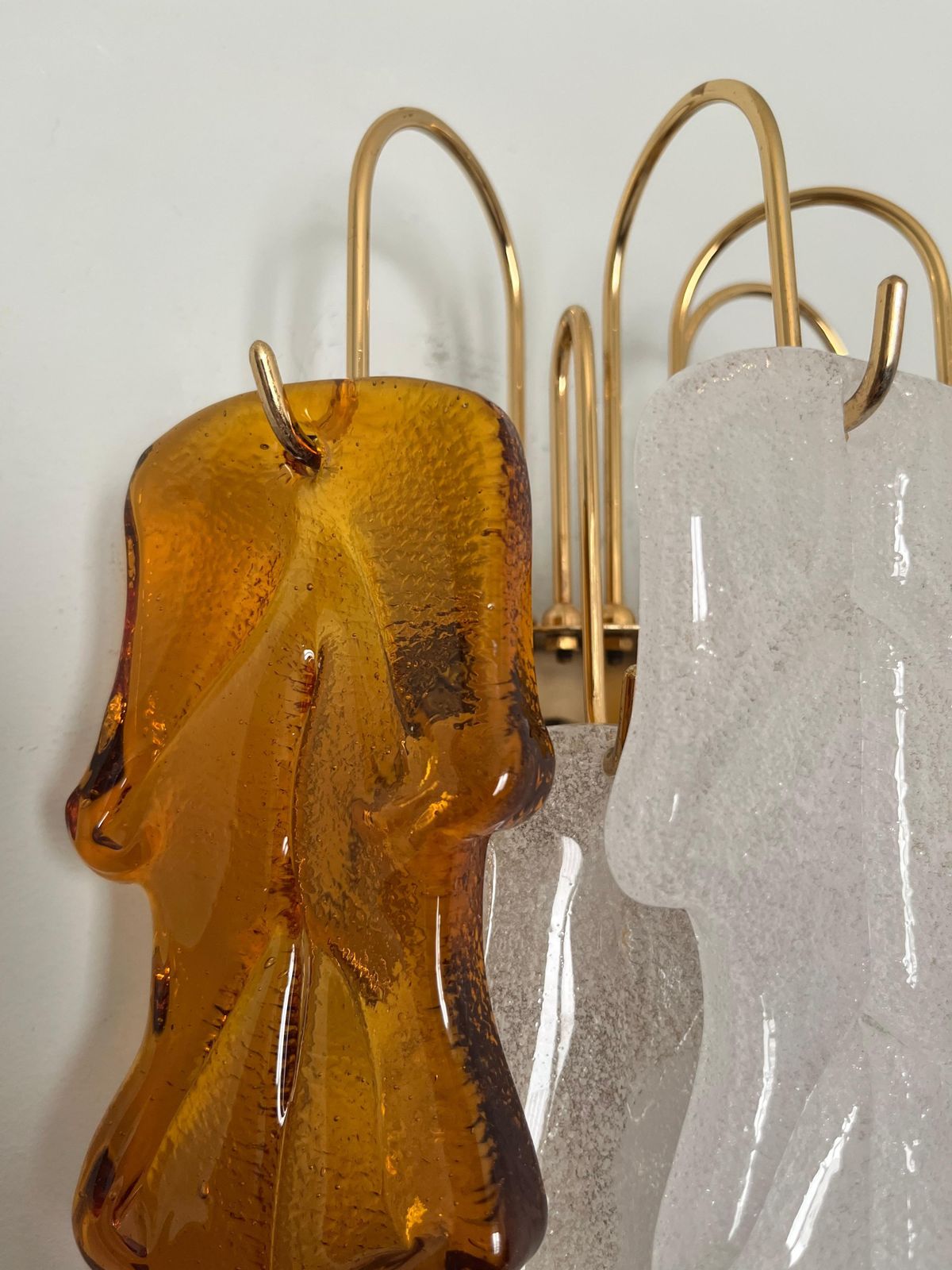 Italian Mid Century Pair Of White Amber Murano Wall Sconces By Mazzega, 1970s photo for sale