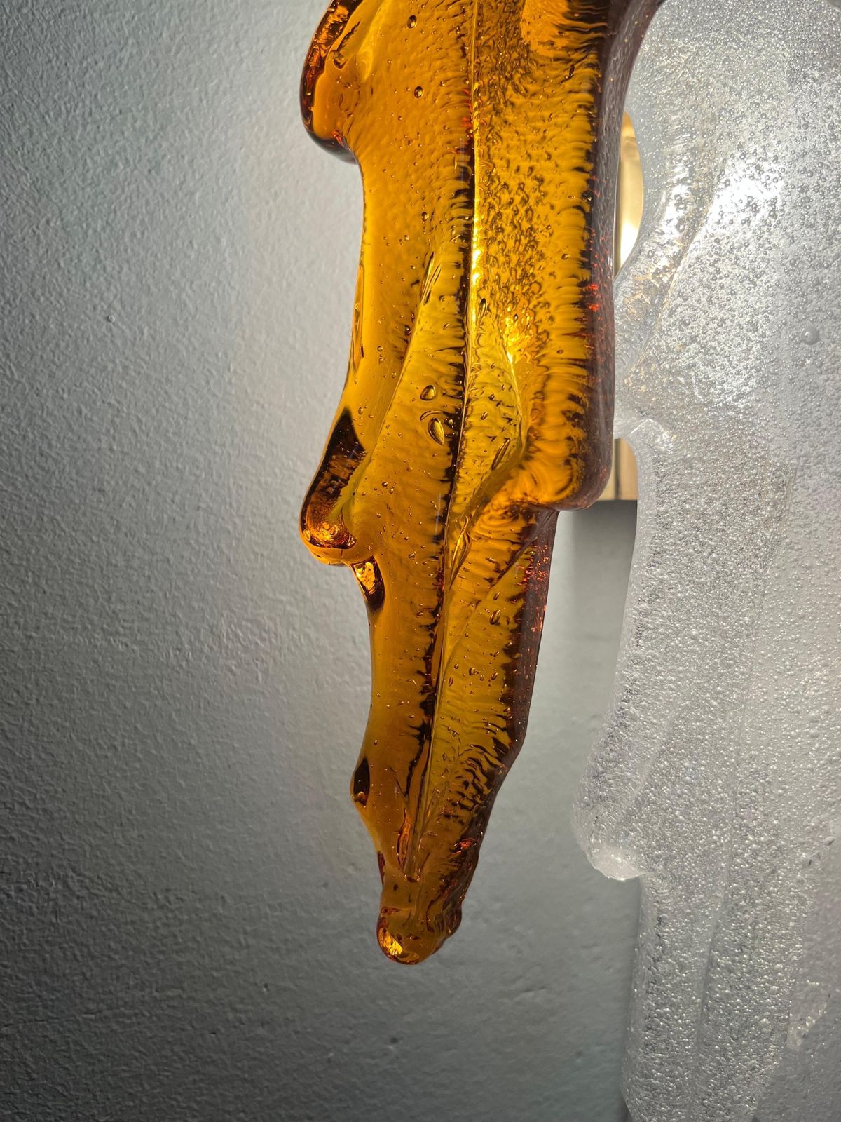 Lighting Italian Mid Century Pair Of White Amber Murano Wall Sconces By Mazzega, 1970s photo